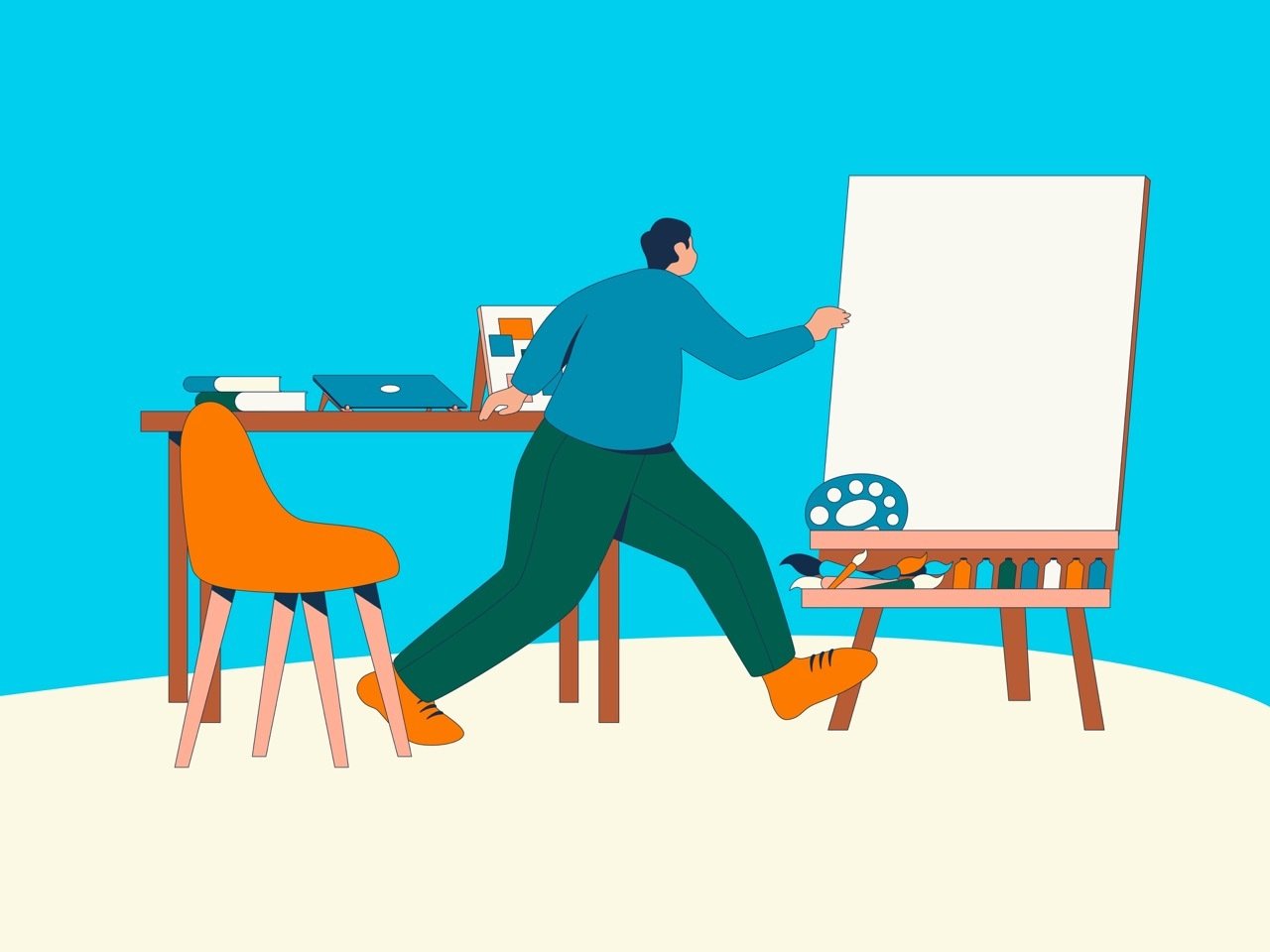 Mann som løper fra en stol til en tavle